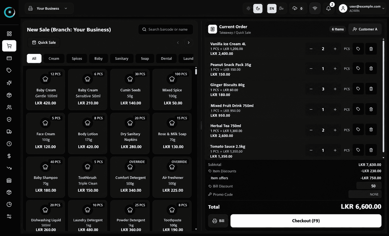 ZenSys POS billing screen in dark mode